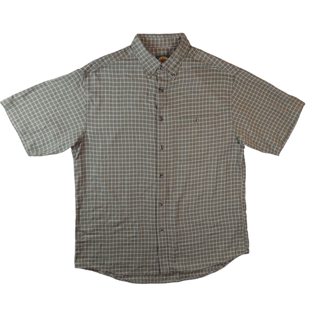 Cabelas Mens Large Green Plaid Short Sleeve Button Down Cotton Shirt 902493